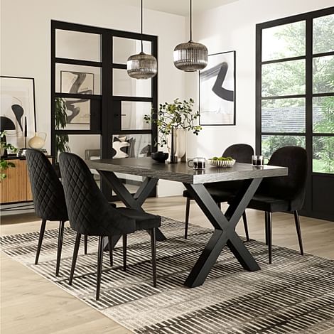 Franklin Industrial Dining Table & 4 Ricco Chairs, Grey Oak Veneer & Black Steel, Black Classic Velvet, 150cm