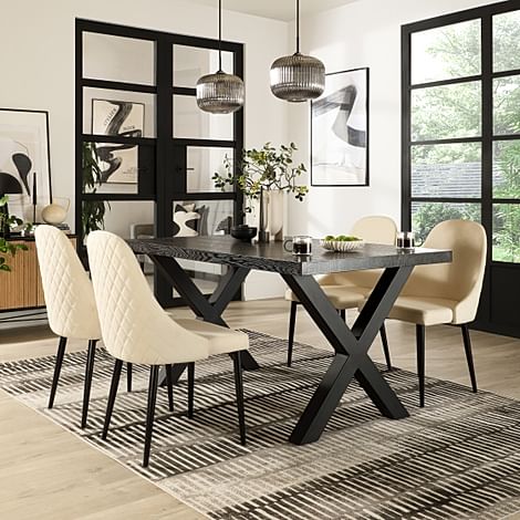 Franklin Dining Table & 4 Ricco Chairs, Black Oak Effect & Black Steel, Ivory Classic Plush Fabric, 150cm
