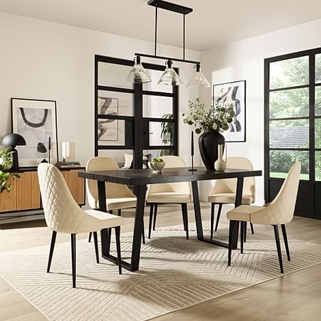 Addison Dining Table & 4 Ricco Chairs, Black Oak Effect & Black Steel, Ivory Classic Plush Fabric, 150cm
