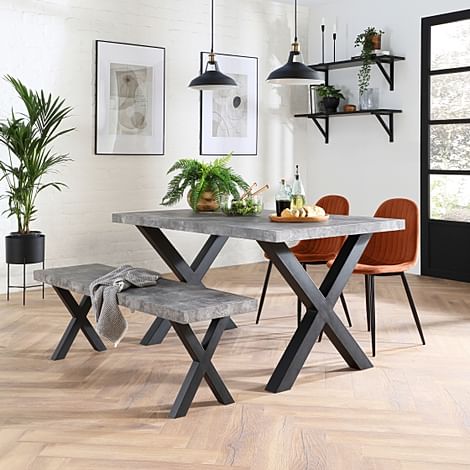 Franklin Industrial Dining Table, Bench & 2 Brooklyn Chairs, Grey Concrete Effect & Black Steel, Burnt Orange Classic Velvet, 150cm