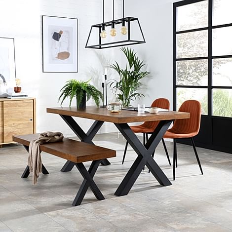 Franklin Industrial Dining Table, Bench & 2 Brooklyn Chairs, Dark Oak Veneer & Black Steel, Burnt Orange Classic Velvet, 150cm