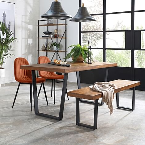 Addison Industrial Dining Table, Bench & 4 Brooklyn Chairs, Dark Oak Veneer & Black Steel, Burnt Orange Classic Velvet, 150cm