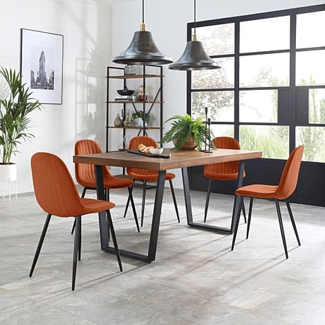 Addison Industrial Dining Table & 4 Brooklyn Chairs, Dark Oak Veneer & Black Steel, Burnt Orange Classic Velvet, 150cm