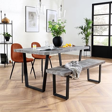 Addison Industrial Dining Table, Bench & 2 Brooklyn Chairs, Grey Concrete Effect & Black Steel, Burnt Orange Classic Velvet, 150cm