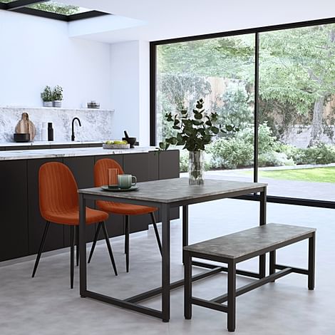 Avenue Industrial Dining Table, Bench & 2 Brooklyn Chairs, Grey Concrete Effect & Black Steel, Burnt Orange Classic Velvet, 120cm