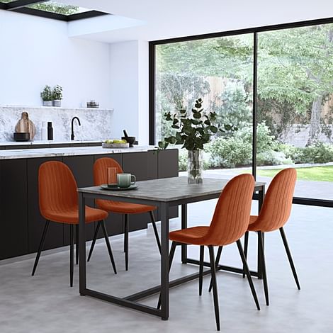 Avenue Industrial Dining Table & 4 Brooklyn Chairs, Grey Concrete Effect & Black Steel, Burnt Orange Classic Velvet, 120cm