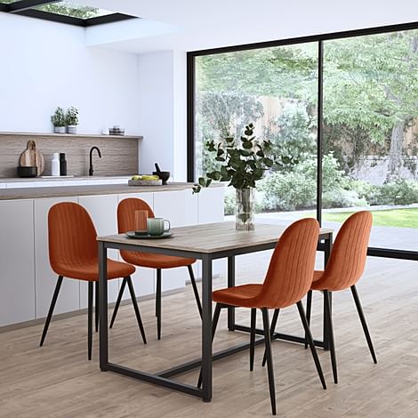 Avenue Industrial Dining Table & 4 Brooklyn Chairs, Natural Oak Effect & Black Steel, Burnt Orange Classic Velvet, 120cm