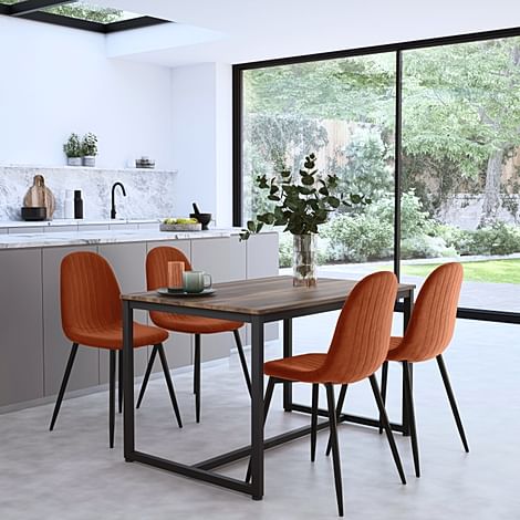 Avenue Industrial Dining Table & 4 Brooklyn Chairs, Walnut Effect & Black Steel, Burnt Orange Classic Velvet, 120cm