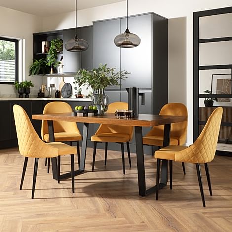 Addison Industrial Dining Table & 4 Ricco Chairs, Dark Oak Veneer & Black Steel, Mustard Classic Velvet, 150cm