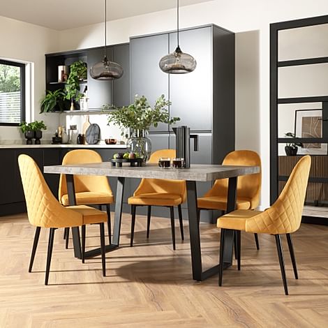 Addison Industrial Dining Table & 4 Ricco Chairs, Grey Concrete Effect & Black Steel, Mustard Classic Velvet, 150cm