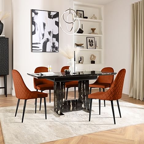 Florence Extending Dining Table & 4 Ricco Chairs, Black Marble Effect, Burnt Orange Classic Velvet & Black Steel, 120-160cm