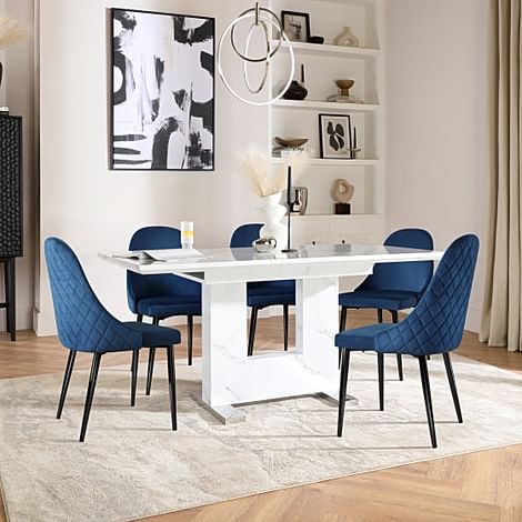 Florence Extending Dining Table & 4 Ricco Chairs, White Marble Effect, Blue Classic Velvet & Black Steel, 120-160cm