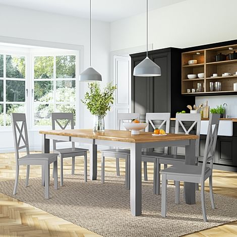 Highbury Extending Dining Table & 4 Kendal Chairs, Natural Oak Finish & Grey Solid Hardwood, 150-200cm