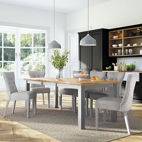 Highbury Extending Dining Table & 4 Bewley Chairs, Natural Oak Finish & Grey Solid Hardwood, Light Grey Classic Linen-Weave Fabric, 150-200cm