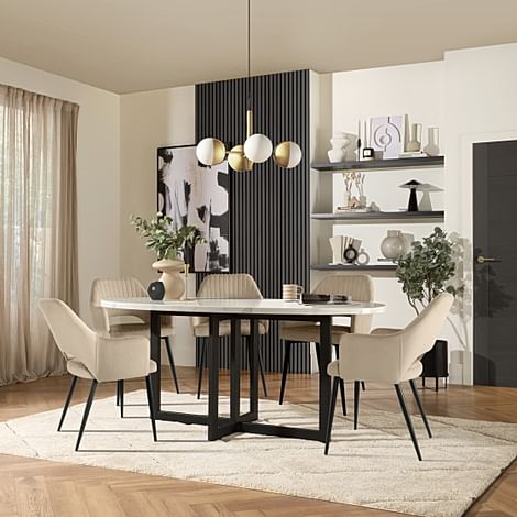 Newbury Oval Dining Table & 4 Clara Chairs, White Marble Effect & Black Steel, Champagne Classic Velvet, 180cm