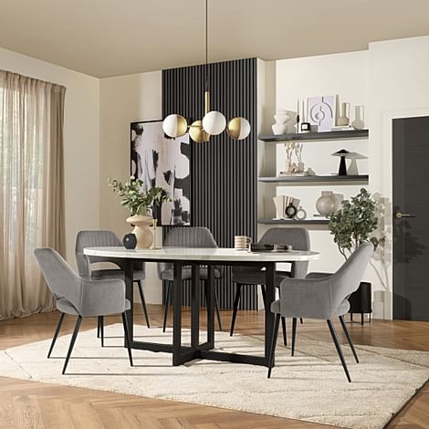 Newbury Oval Dining Table & 4 Clara Chairs, White Marble Effect & Black Steel, Grey Classic Velvet, 180cm