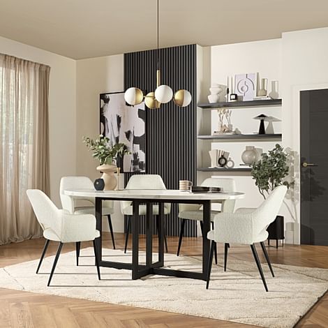 Newbury Oval Dining Table & 4 Clara Chairs, White Marble Effect & Black Steel, Ivory Classic Boucle Fabric, 180cm