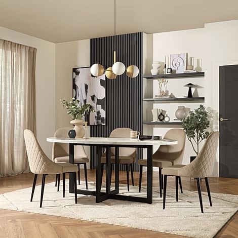 Newbury Oval Dining Table & 6 Ricco Chairs, White Marble Effect & Black Steel, Champagne Classic Velvet, 180cm