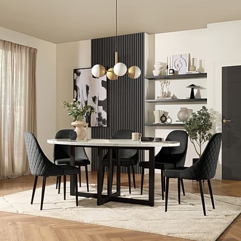 Newbury Oval Dining Table & 6 Ricco Chairs, White Marble Effect & Black Steel, Black Classic Velvet, 180cm