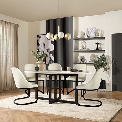 Newbury Oval Dining Table & 6 Riva Chairs, White Marble Effect & Black Steel, Ivory Classic Boucle Fabric, 180cm