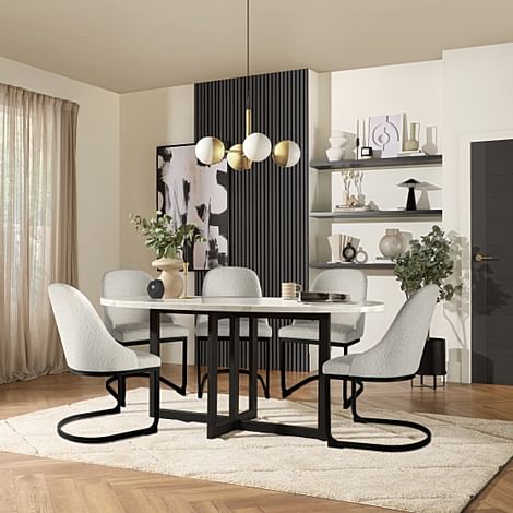 Newbury Oval Dining Table & 4 Riva Chairs, White Marble Effect & Black Steel, Light Grey Classic Boucle Fabric, 180cm