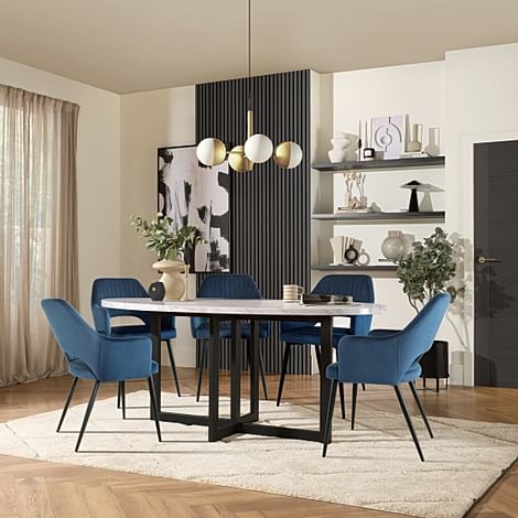 Newbury Oval Dining Table & 4 Clara Chairs, Grey Marble Effect & Black Steel, Blue Classic Velvet, 180cm