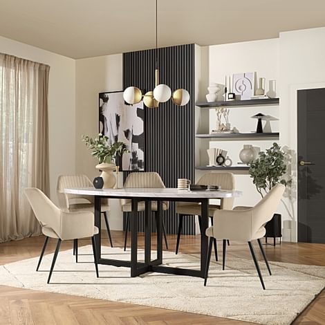 Newbury Oval Dining Table & 4 Clara Chairs, Grey Marble Effect & Black Steel, Champagne Classic Velvet, 180cm