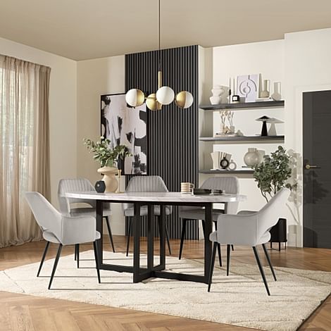 Newbury Oval Dining Table & 4 Clara Chairs, Grey Marble Effect & Black Steel, Grey Classic Velvet, 180cm