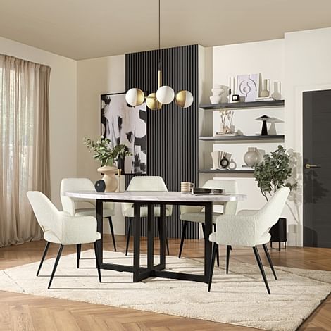 Newbury Oval Dining Table & 4 Clara Chairs, Grey Marble Effect & Black Steel, Ivory Classic Boucle Fabric, 180cm