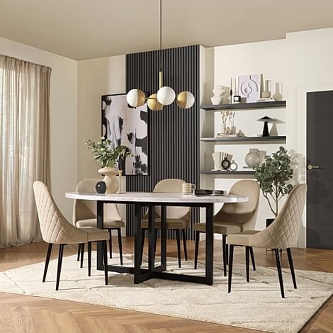 Newbury Oval Dining Table & 4 Ricco Chairs, Grey Marble Effect & Black Steel, Champagne Classic Velvet, 180cm