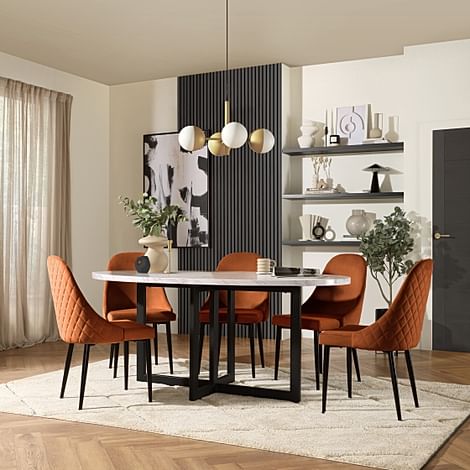 Newbury Oval Dining Table & 6 Ricco Chairs, Grey Marble Effect & Black Steel, Burnt Orange Classic Velvet, 180cm