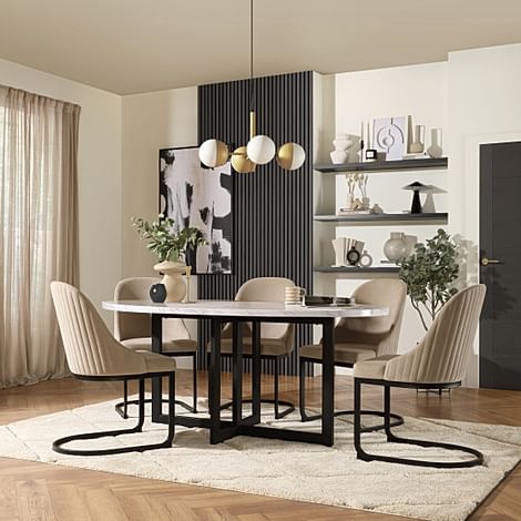 Newbury Oval Dining Table & 4 Riva Chairs, Grey Marble Effect & Black Steel, Champagne Classic Velvet, 180cm