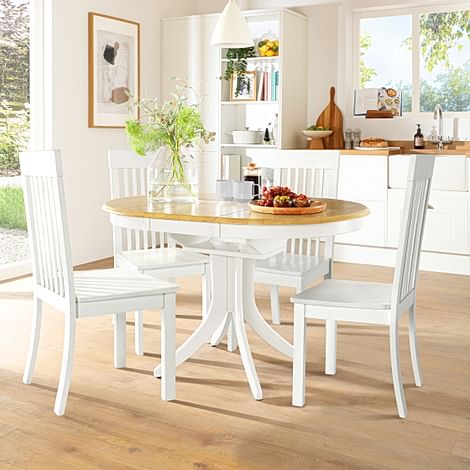 Hudson Round Extending Dining Table & 4 Oxford Chairs, Natural Oak Finish & White Solid Hardwood, 90-120cm