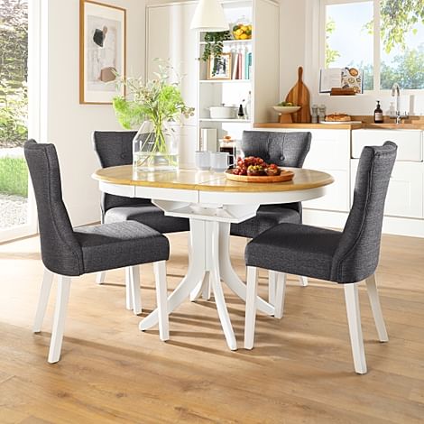 Hudson Round Extending Dining Table & 4 Bewley Chairs, Natural Oak Finish & White Solid Hardwood, Slate Grey Classic Linen-Weave Fabric, 90-120cm