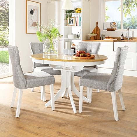 Hudson Round Extending Dining Table & 4 Bewley Chairs, Natural Oak Finish & White Solid Hardwood, Light Grey Classic Linen-Weave Fabric, 90-120cm