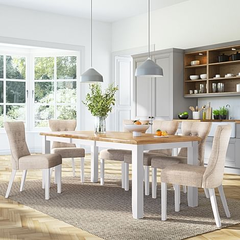 Highbury Extending Dining Table & 4 Bewley Chairs, Natural Oak Finish & White Solid Hardwood, Oatmeal Classic Linen-Weave Fabric, 150-200cm