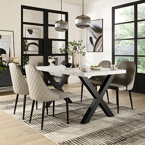 Franklin Dining Table & 4 Ricco Dining Chairs, White Marble Effect & Black Steel, Grey Classic Velvet, 150cm