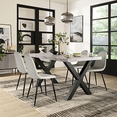 Franklin Dining Table & 4 Brooklyn Dining Chairs, Grey Marble Effect & Black Steel, Light Grey Classic Boucle Fabric, 150cm