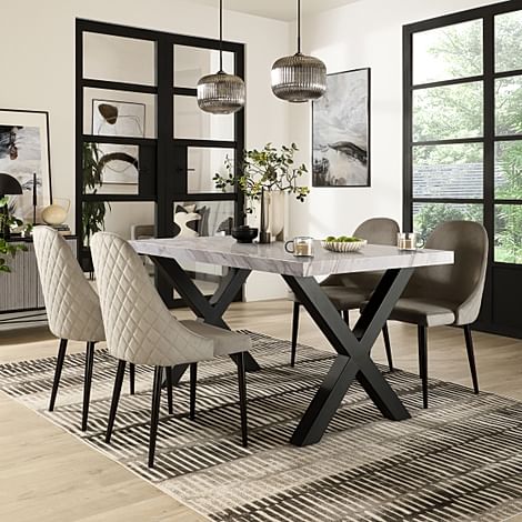 Franklin Dining Table & 4 Ricco Dining Chairs, Grey Marble Effect & Black Steel, Grey Classic Velvet, 150cm