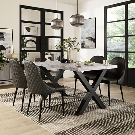 Franklin Dining Table & 4 Ricco Dining Chairs, Grey Marble Effect & Black Steel, Vintage Grey Premium Faux Leather, 150cm