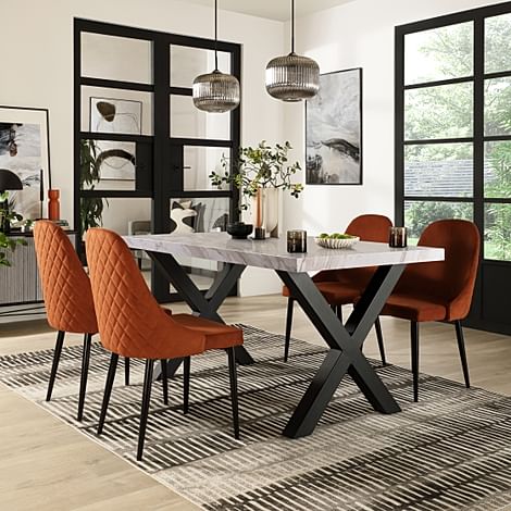 Franklin Dining Table & 4 Ricco Dining Chairs, Grey Marble Effect & Black Steel, Burnt Orange Classic Velvet, 150cm