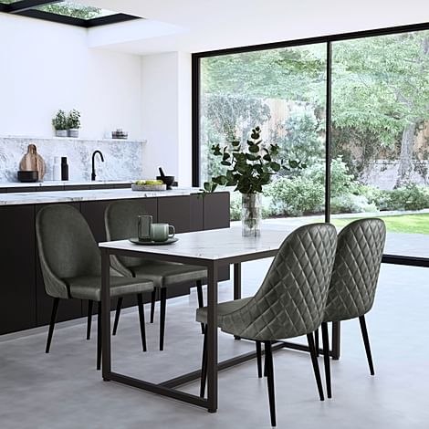 Avenue Dining Table & 4 Ricco Chairs, White Marble Effect & Black Steel, Vintage Grey Premium Faux Leather, 120cm