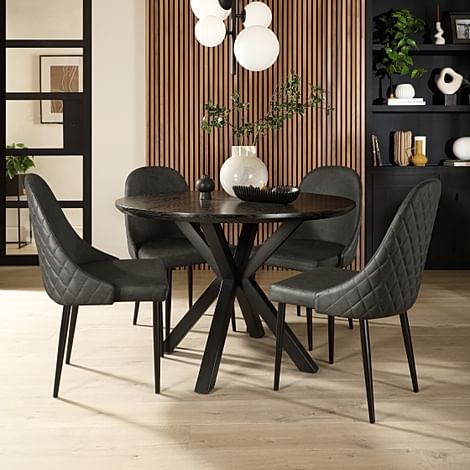 Newark Round Dining Table & 4 Ricco Chairs, Black Oak Effect & Black Steel, Vintage Grey Premium Faux Leather, 110cm