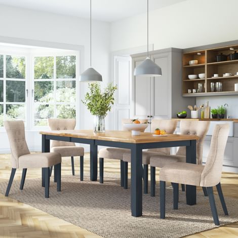 Highbury Extending Dining Table & 6 Bewley Chairs, Natural Oak Finish & Slate Blue Solid Hardwood, Oatmeal Classic Linen-Weave Fabric, 150-200cm