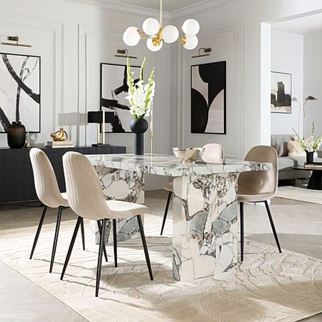 Caserta Dining Table & 4 Brooklyn Dining Chairs, Calacatta Viola Marble Effect, Champagne Classic Velvet & Black Steel, 160cm