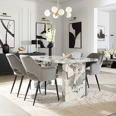 Caserta Dining Table & 4 Clara Dining Chairs, Calacatta Viola Marble Effect, Grey Classic Velvet & Black Steel, 160cm