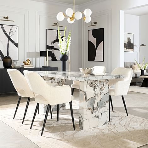 Caserta Dining Table & 4 Clara Dining Chairs, Calacatta Viola Marble Effect, Ivory Classic Boucle Fabric & Black Steel, 160cm