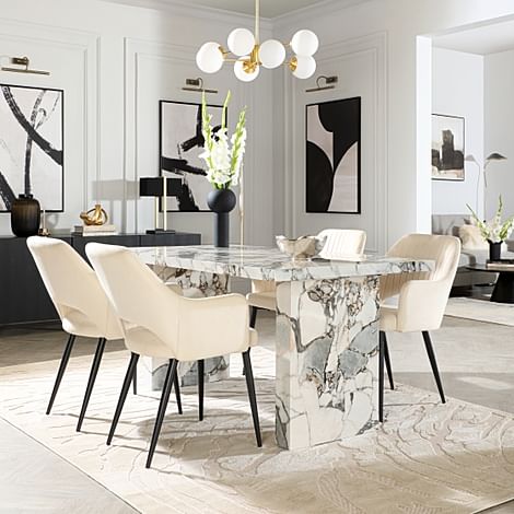 Caserta Dining Table & 4 Clara Dining Chairs, Calacatta Viola Marble Effect, Ivory Classic Plush Fabric & Black Steel, 160cm