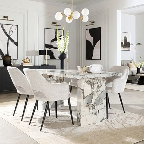 Caserta Dining Table & 4 Clara Dining Chairs, Calacatta Viola Marble Effect, Light Grey Classic Boucle Fabric & Black Steel, 160cm