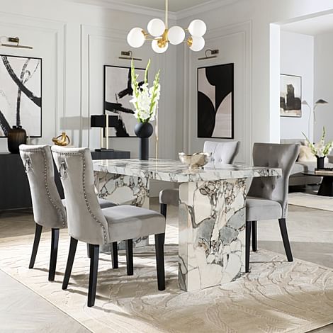 Caserta Dining Table & 4 Kensington Dining Chairs, Calacatta Viola Marble Effect, Grey Classic Velvet & Black Solid Hardwood, 160cm